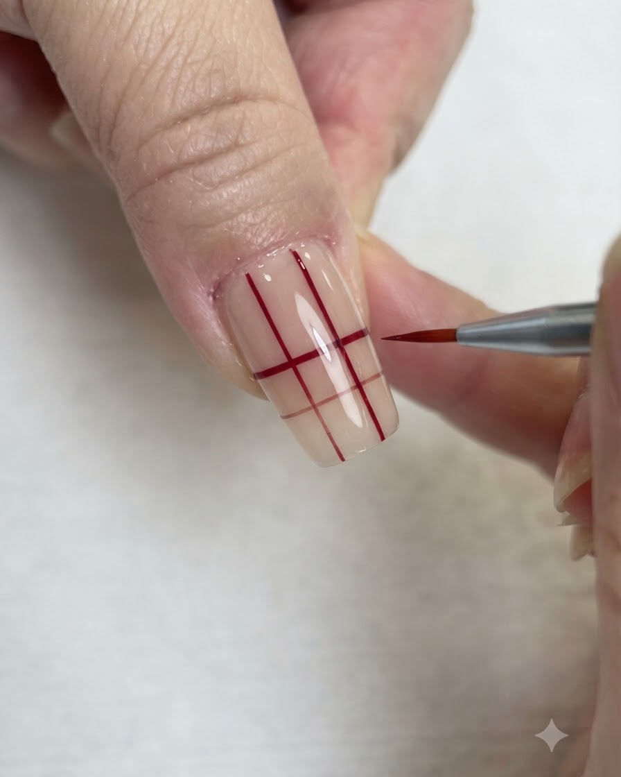 Un pincel delineador fino dibujando líneas horizontales rojas que se cruzan con las líneas verticales para crear una cuadrícula en una uña transparente.