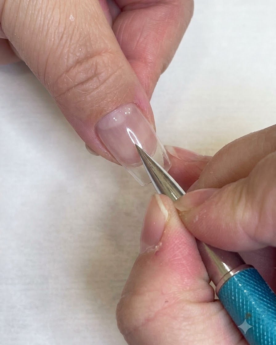 Un pincel delineador fino terminando el relleno de cuadrados alternados para completar un patrón de cuadros rojos en una uña transparente.