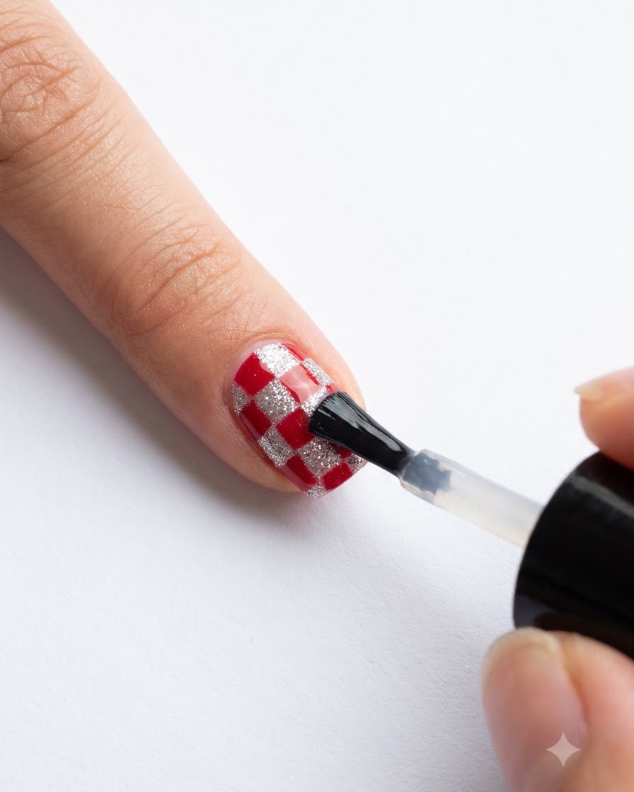 Un pincel de esmalte de uñas deslizando una capa superior brillante transparente a través de un diseño de uñas a cuadros rojo y plateado completado.