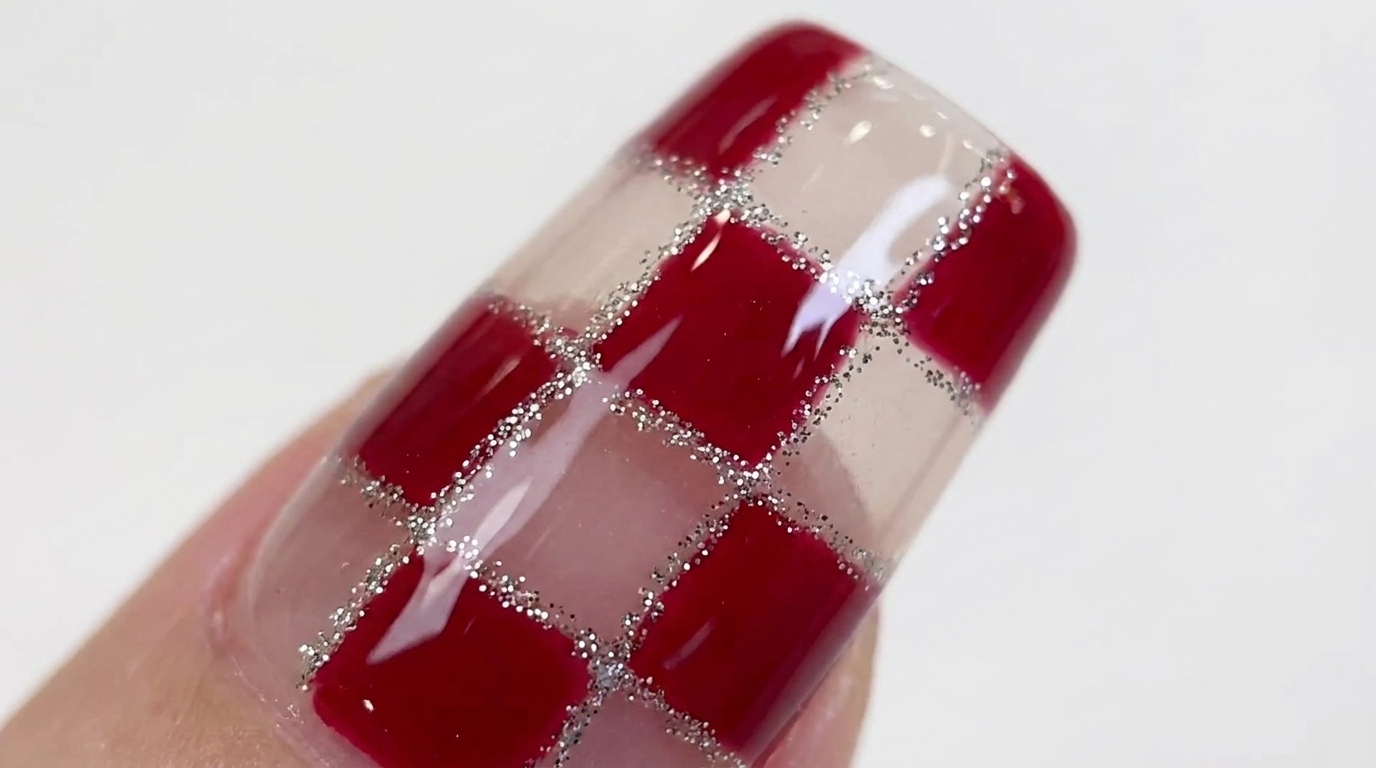 Diseño de Uñas Acabado Cuadros Rojos y Transparentes con Brillo Plateado — Tutorial Paso a Paso