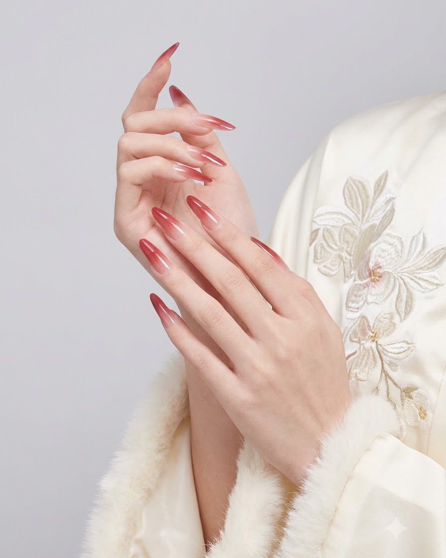 Manos entrelazadas suavemente para mostrar el alto brillo y la mezcla perfecta de las uñas degradadas en rojo.