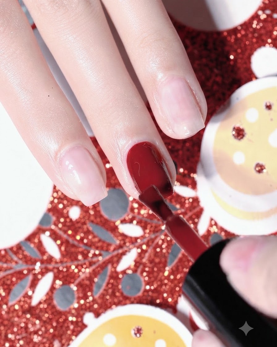 Un pincel aplicando una segunda capa de esmalte en gel rojo vibrante y brillante en el dedo medio.