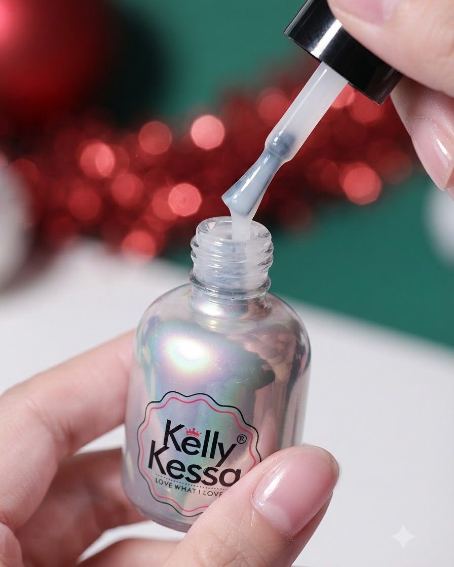 Una mano sosteniendo un frasco de esmalte en gel con el pincel levantado, mostrando el producto goteando.