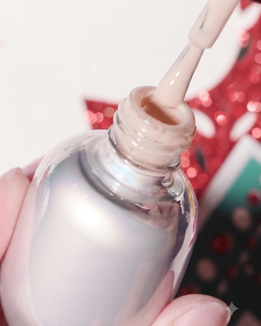 Un pincel saliendo de un frasco de esmalte en gel lleno de un tono nude cálido similar a la piel.
