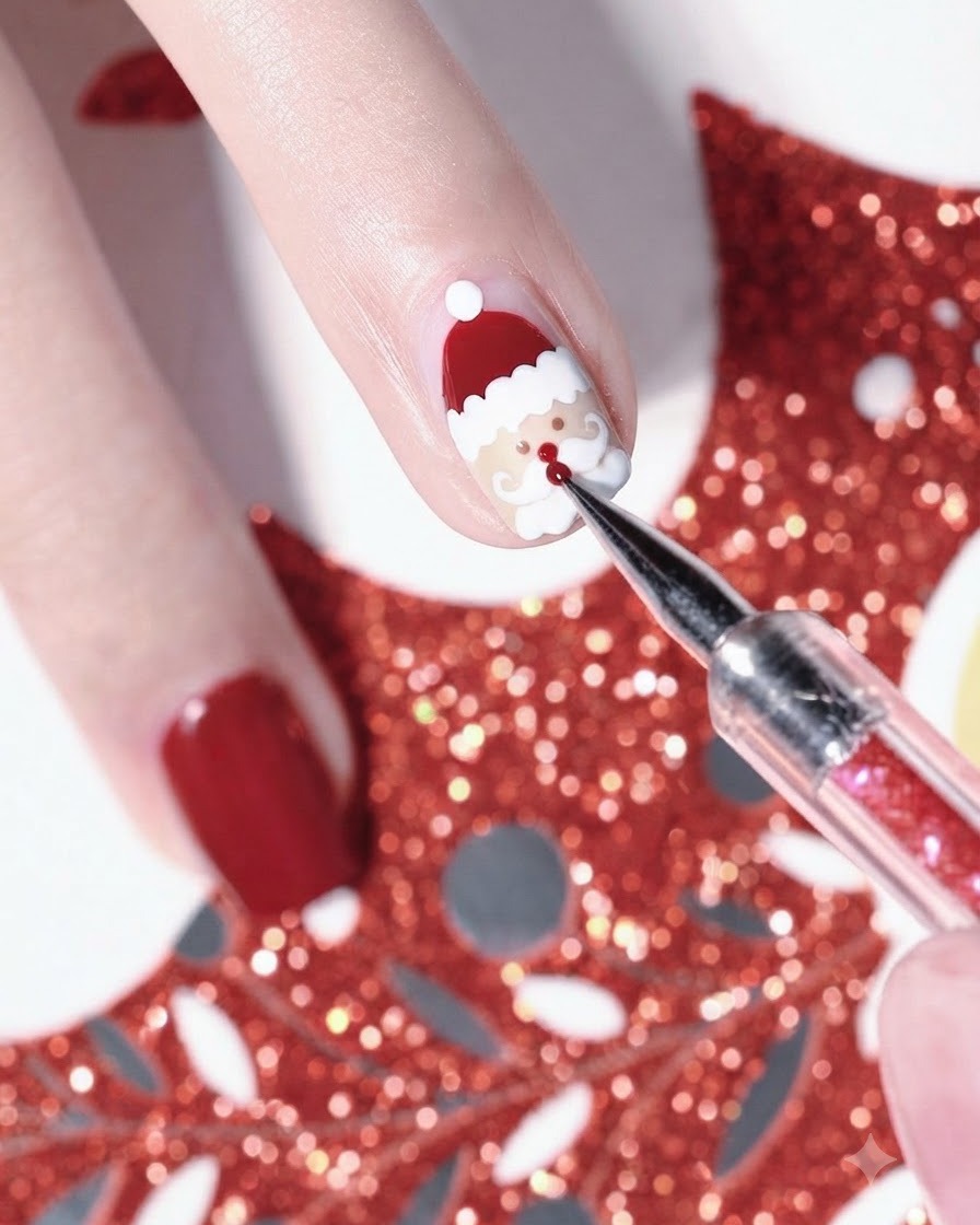 Primer plano de una herramienta agregando pequeños puntos rojos para la nariz y las mejillas de Papá Noel en el diseño de uñas.