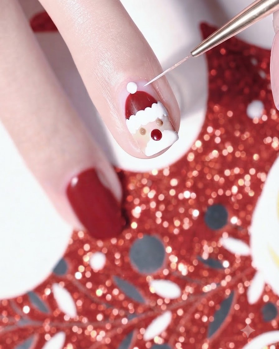 Un pincel delineador fino aplicando pequeños puntos blancos de iluminación en un diseño detallado de uñas de Papá Noel.