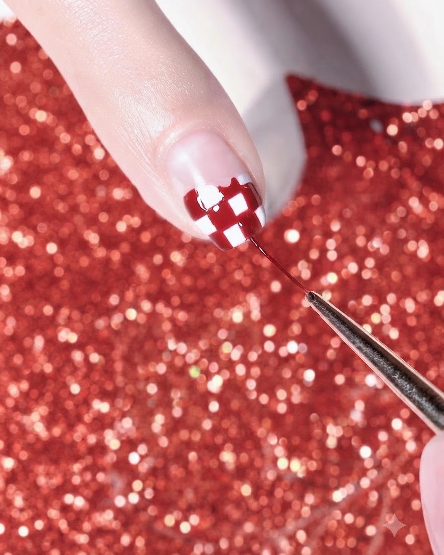 Un pincel fino añadiendo líneas blancas detalladas a un diseño de uñas a cuadros rojo y blanco.