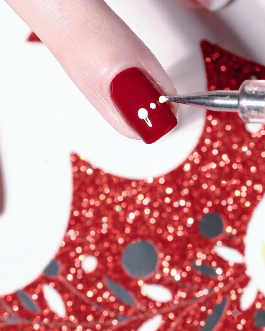 Un pincel de detalle aplicando un diseño de corazón blanco brillante en el costado de una uña pintada de rojo.
