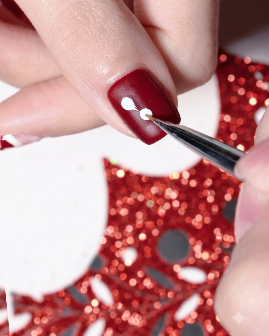 Un pincel de detalle creando un pequeño corazón blanco en el lado de una uña pulida en rojo.