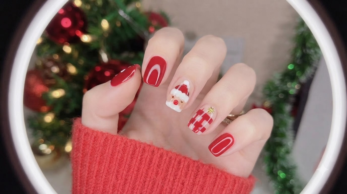 Tutorial de uñas navideñas: Papá Noel y diseño a cuadros