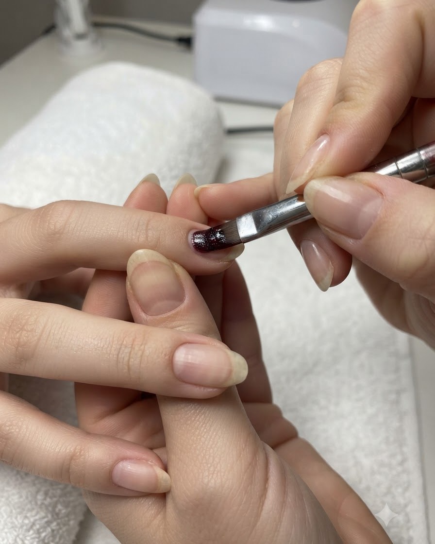 Un primer plano de un pincel aplicando gel base en una uña mediante una técnica de frotado.