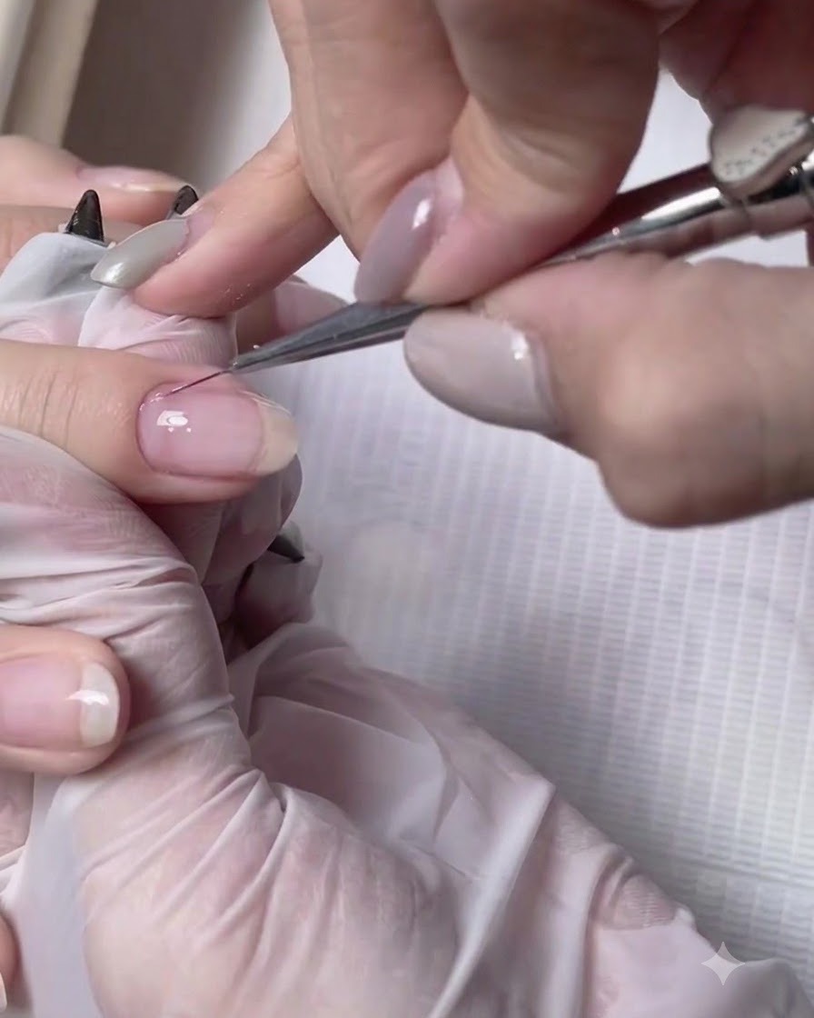 Un pincel fino aplicando gel constructor transparente a una uña natural larga.
