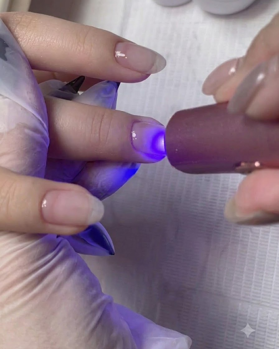 Una lámpara portátil UV/LED curando la capa de gel constructor en la uña.