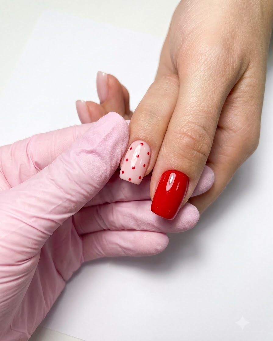 La mano de una manicurista sosteniendo un bote de esmalte en gel rojo-magenta brillante mientras pinta una uña.