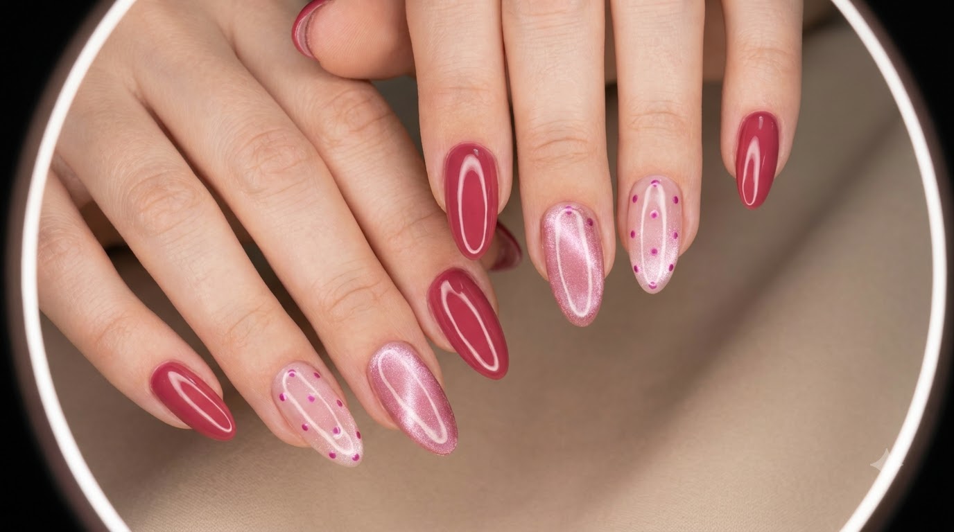 Diseño de Uñas Ojo de Gato y Lunares en Rojo Rosa — Tutorial Paso a Paso