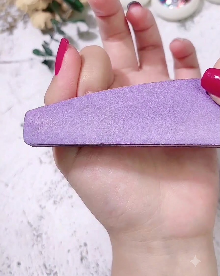Un bloque pulidor de uñas alisando y nivelando la superficie de una uña manicurada.