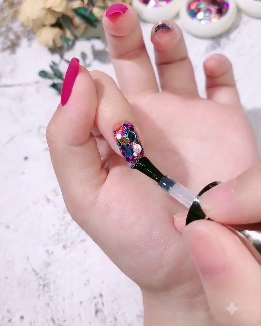 Un pincel aplicando una capa superior transparente y brillante sobre un dedo índice decorado con lentejuelas redondas y coloridas para uñas.