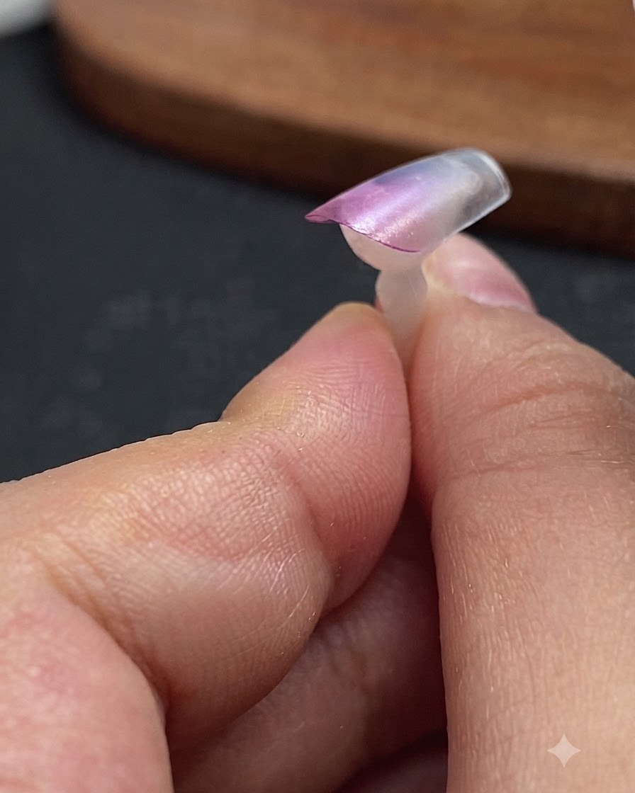 Una punta de extensión transparente que muestra un degradado rojo rosa con gel efecto vidrio azul oscuro aplicado en los laterales de la punta.