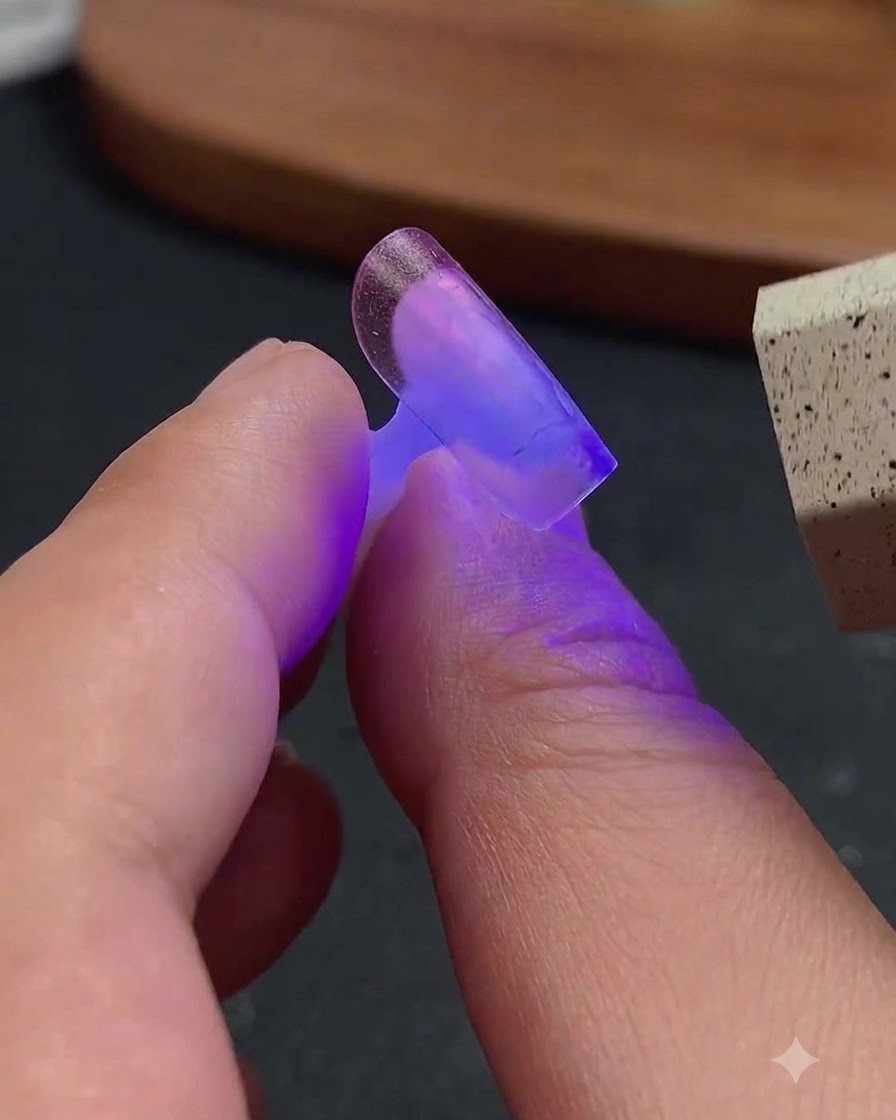 Una mini linterna UV/LED proyectando luz púrpura sobre una punta de extensión de uña transparente sostenida entre los dedos.