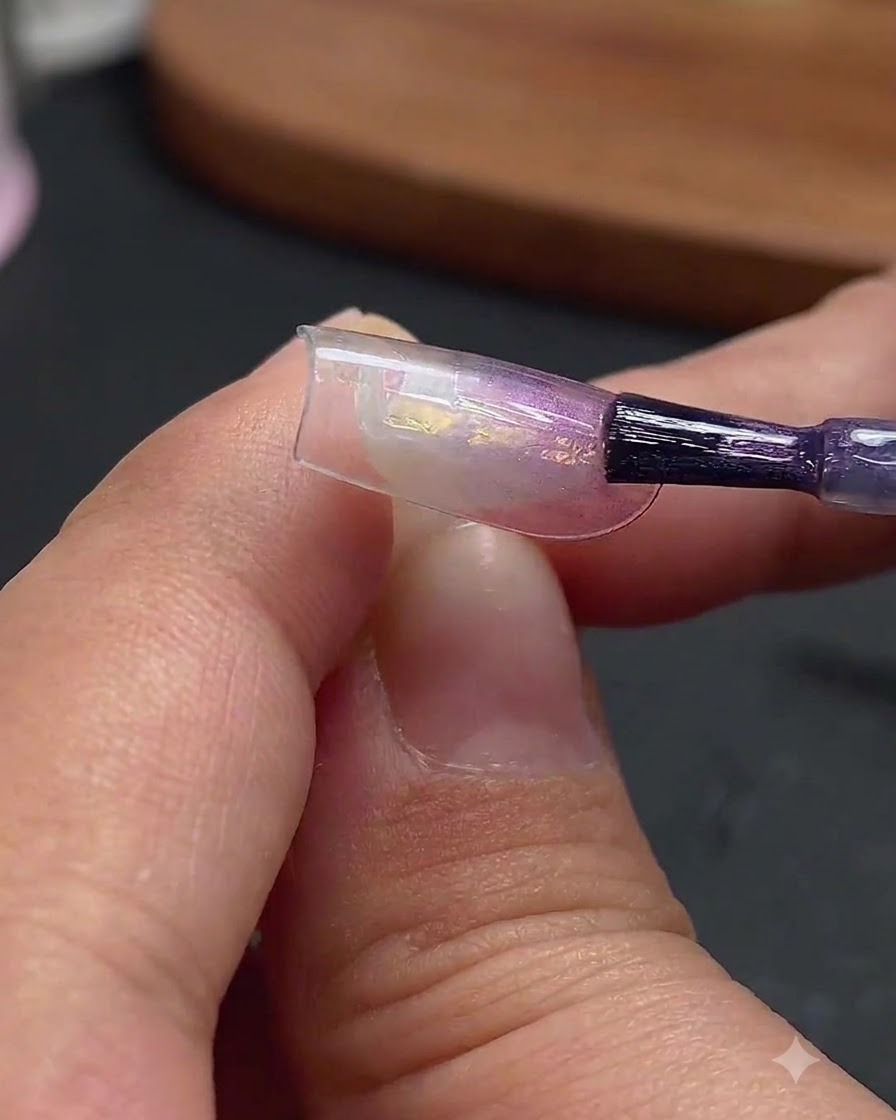 Un pincel de uñas aplicando gel ojo de gato incoloro de luz azul en la porción central de la punta de extensión decorada.