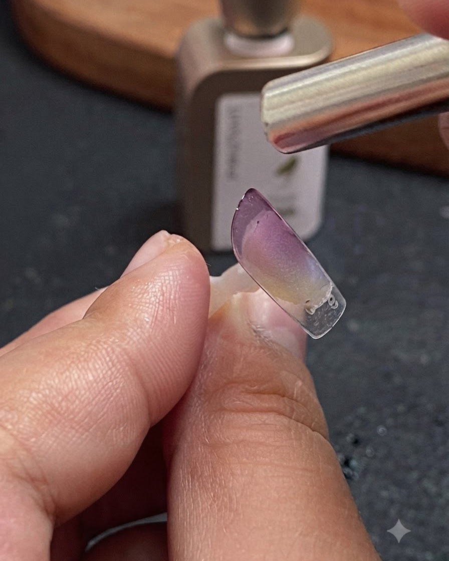 Una herramienta magnética sostenida sobre una punta de extensión de uña para concentrar las partículas del gel ojo de gato en una franja central.