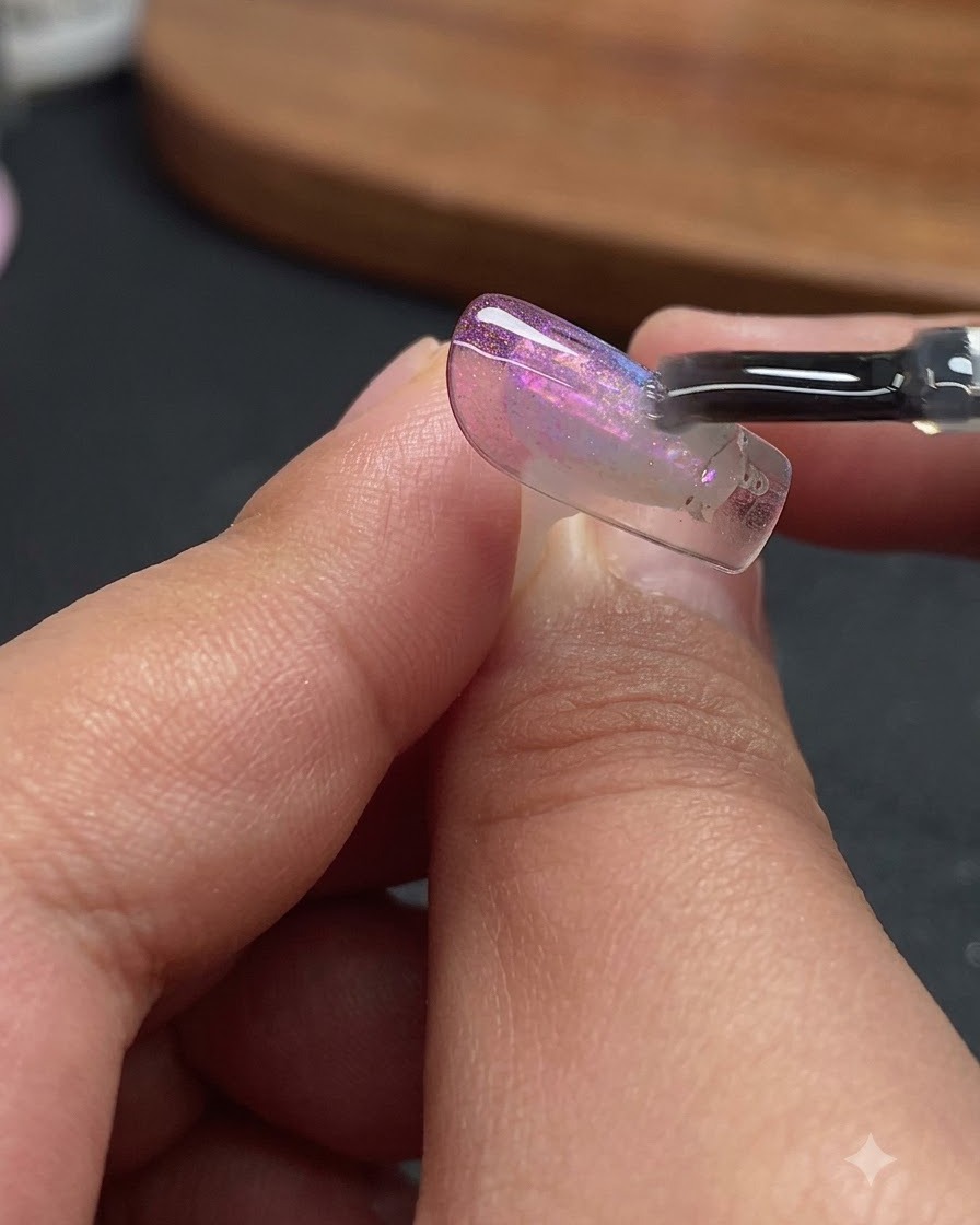 Un pincel de uñas aplicando una capa superior transparente sobre el diseño detallado de uñas aurora y ojo de gato.
