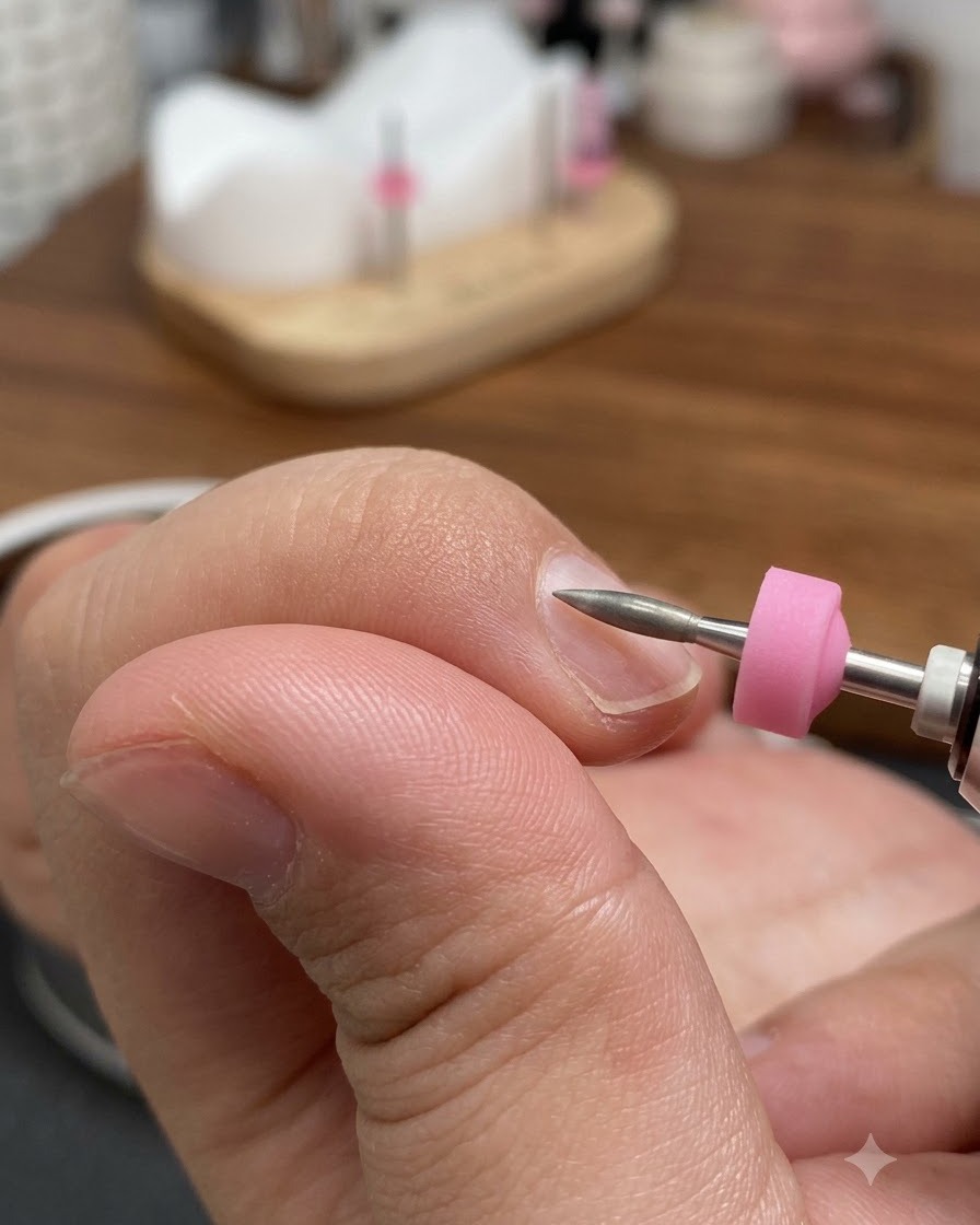 Una lima de uñas eléctrica con una broca cónica trabajando cerca del área de la cutícula de un dedo natural.