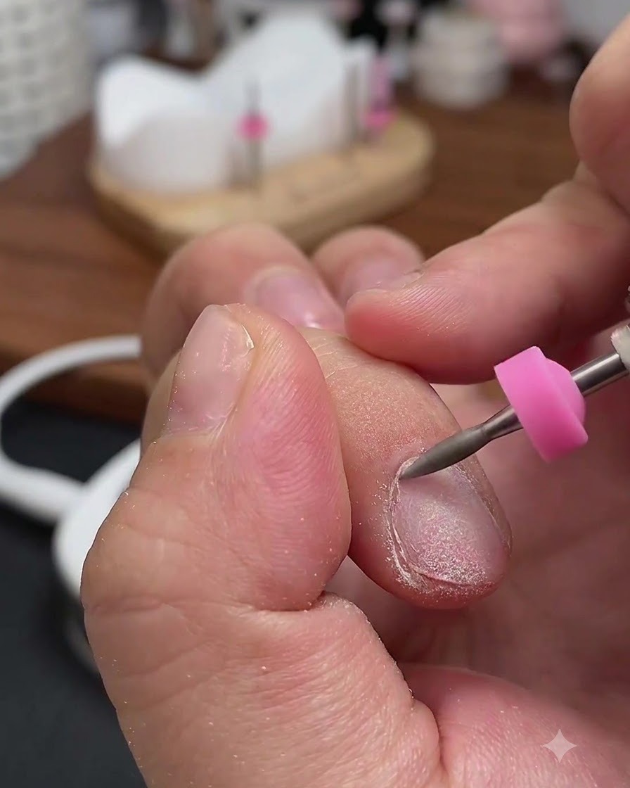 Una lima de uñas eléctrica con una broca cónica posicionada a lo largo del lado derecho del bolsillo de la cutícula en un dedo.