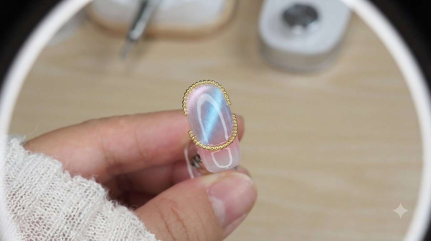Uñas de Gel Aurora, Efecto Ojo de Gato y Detalles Dorados: Tutorial Paso a Paso