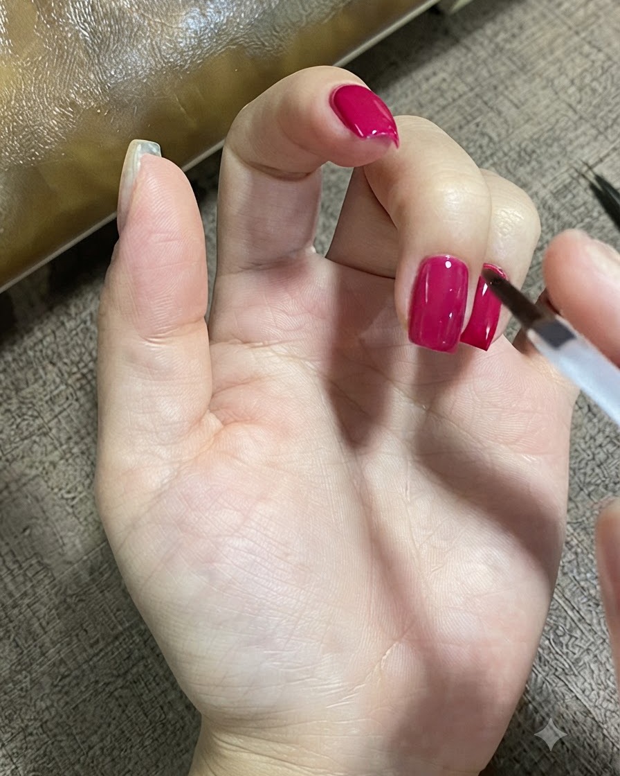 Un pincel de uñas aplicando cuidadosamente una capa superior mate sobre la superficie de una uña manicurada.