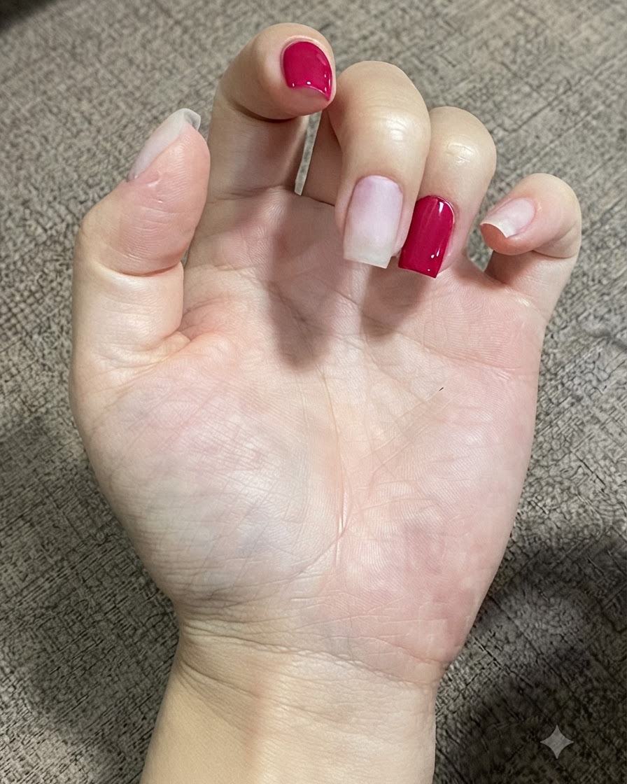 Un primer plano de un dedo que muestra una pequeña gota precisa de gel de extensión transparente colocada cerca de la zona de la cutícula.