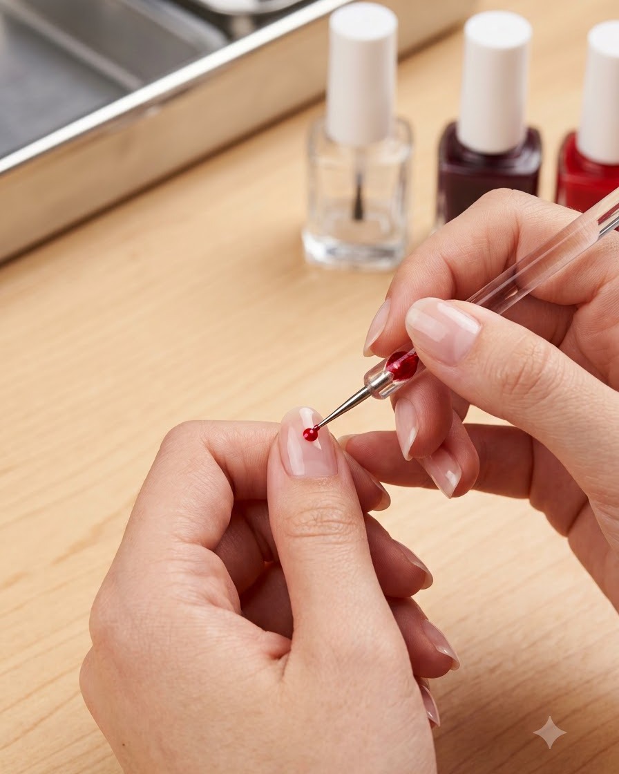 Un primer plano de manos utilizando una herramienta de detalle fina para dar golpecitos suaves y alisar una gota de esmalte en gel rojo cerca de la cutícula de una uña natural.