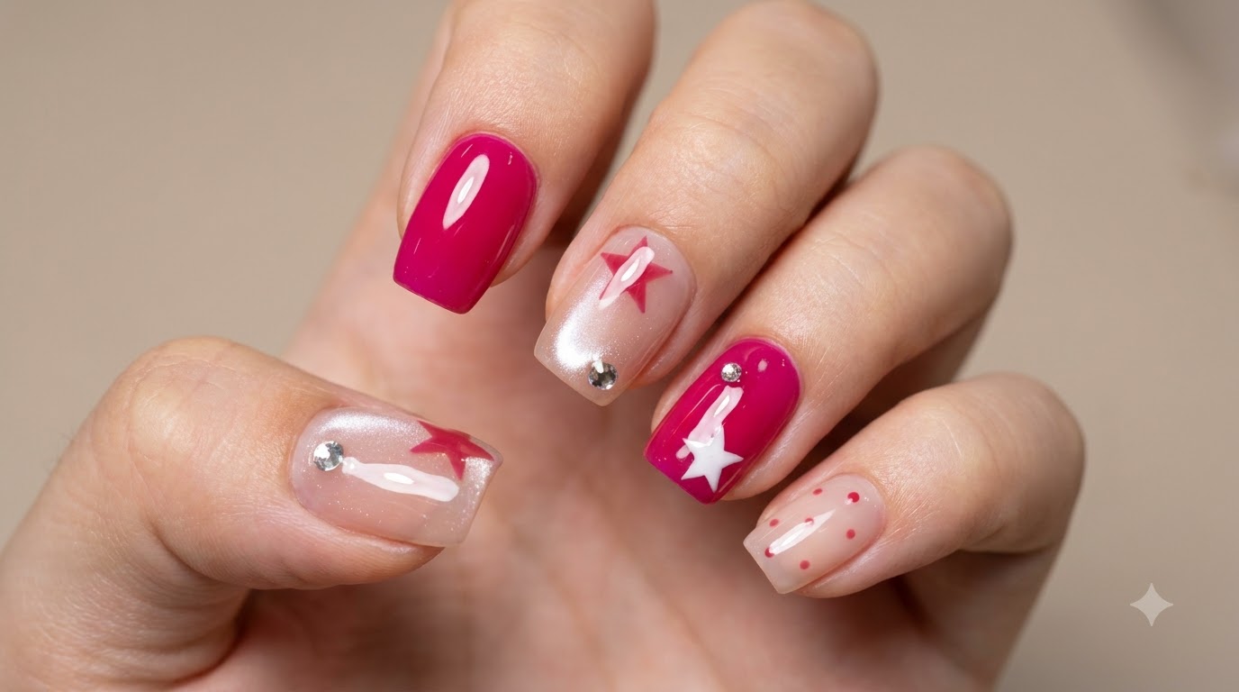 Diseño de Uñas Magenta con Estrellas y Lunares — Tutorial Gel Paso a Paso