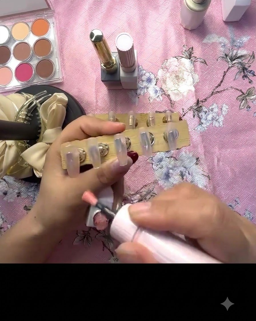 Un pincel aplicando gel rosa translúcido sobre una uña postiza montada en un soporte de madera.