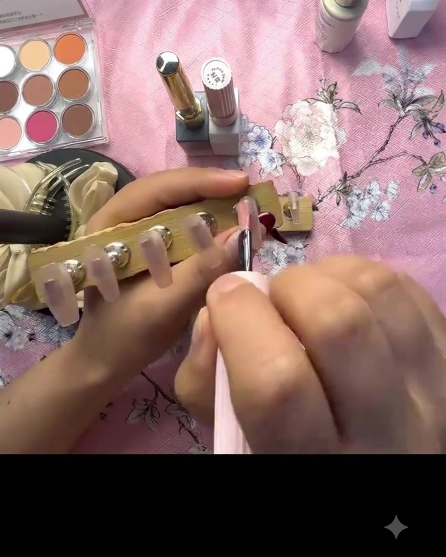 Una lámpara UV mini de mano curando uñas postizas montadas en un soporte de madera.