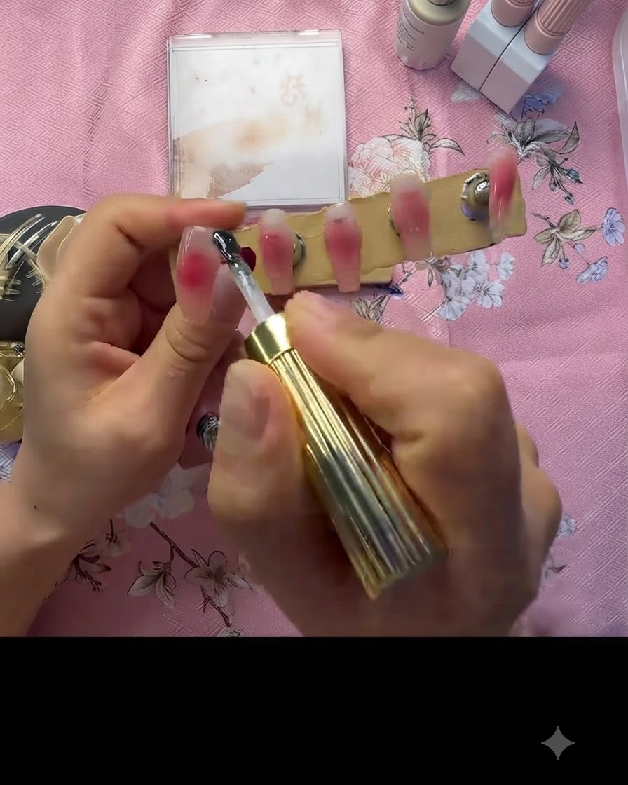 Un pincel aplicando una capa de gel sellador transparente sobre la uña con degradado rosa difuminado.