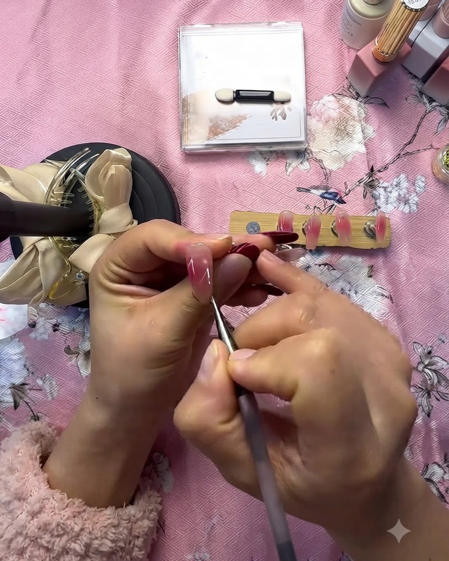 Un pincel liner fino dibujando la forma de un corazón blanco sobre una uña postiza con degradado rosa.