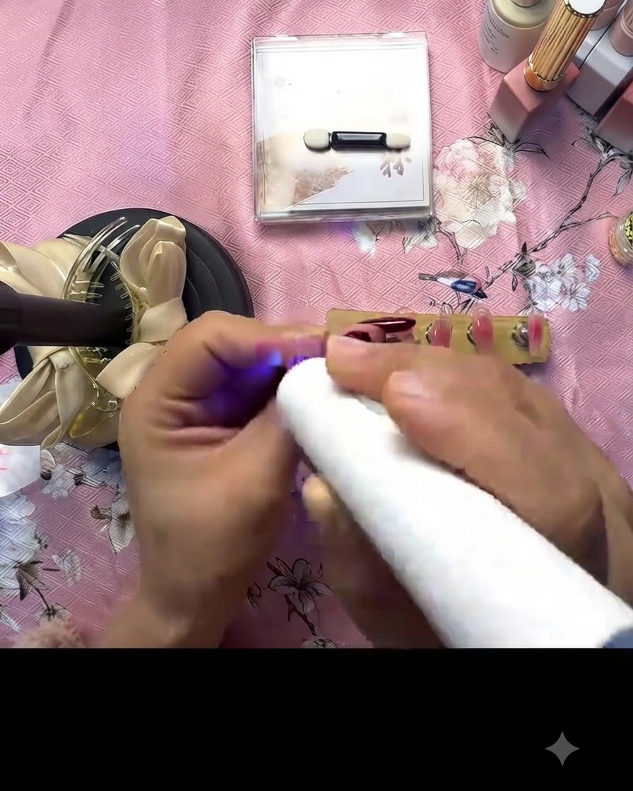 Una mini lámpara UV curando la uña pintada sobre un soporte de madera.