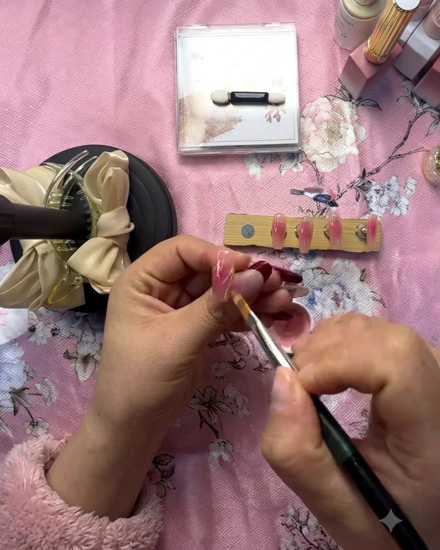 Un pincel de detalle añadiendo finos acentos de líneas blancas alrededor de la forma del corazón curado en una uña rosa.
