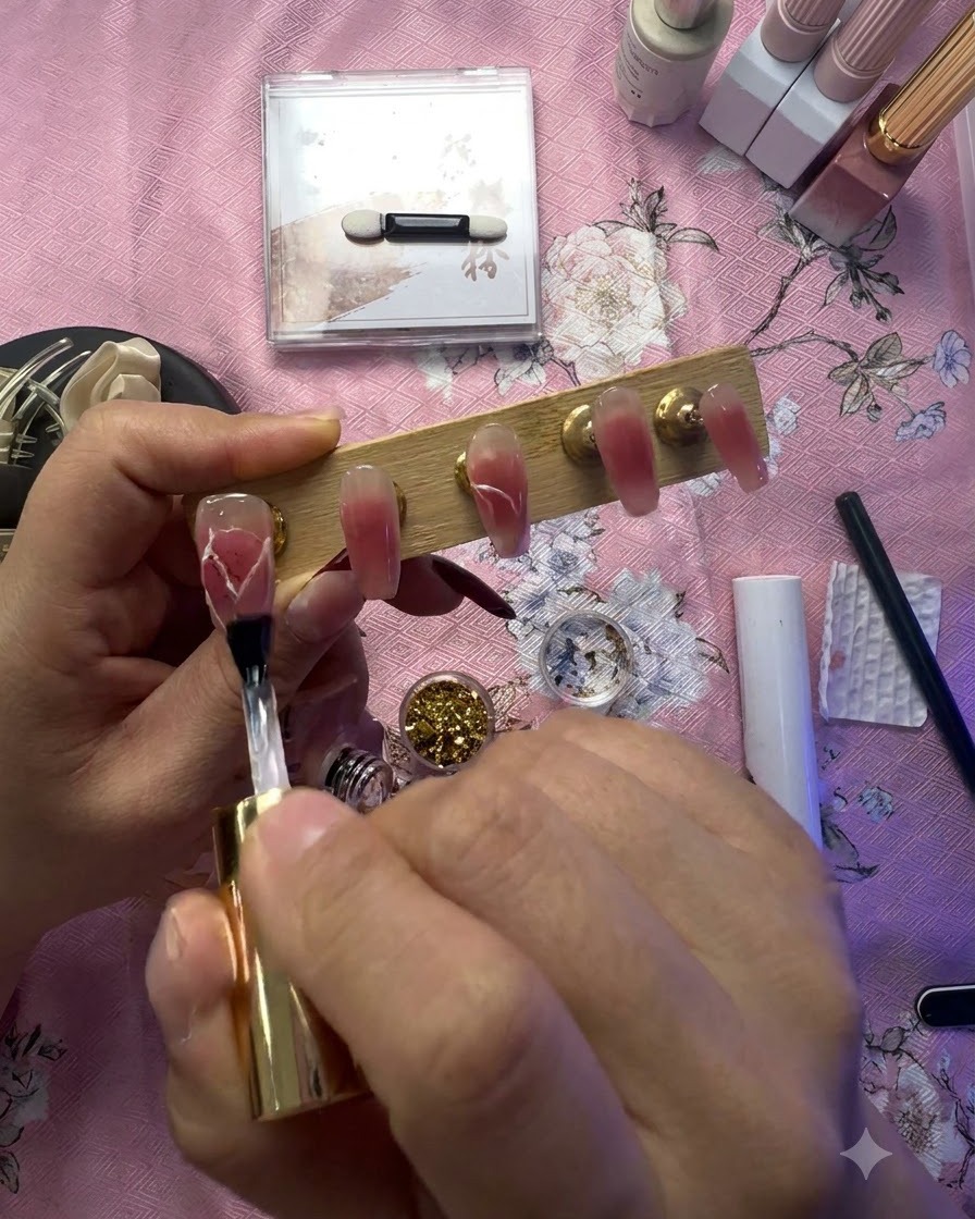 Un pincel aplicando una capa de gel protector transparente sobre el diseño de arte de uñas de corazón.