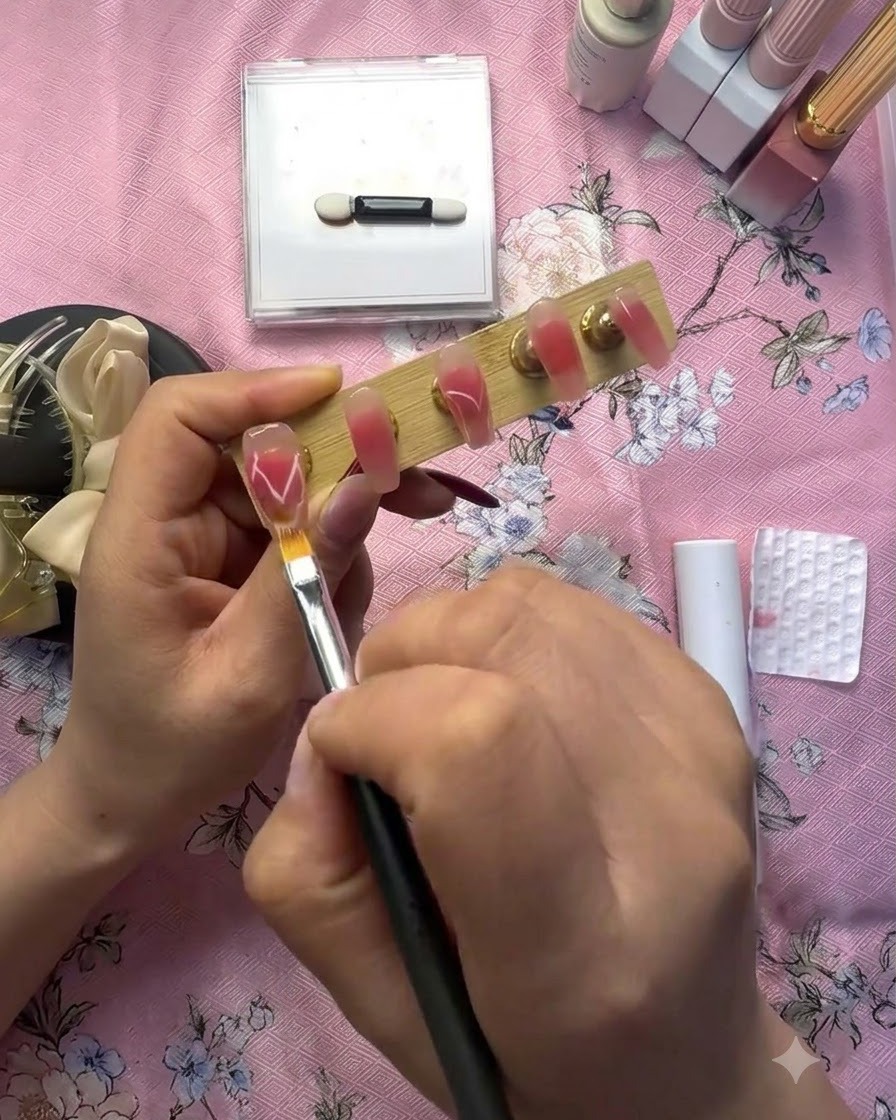 Una herramienta de detalle colocando trozos de lámina de oro sobre una superficie de gel húmedo junto a un diseño de corazón blanco.