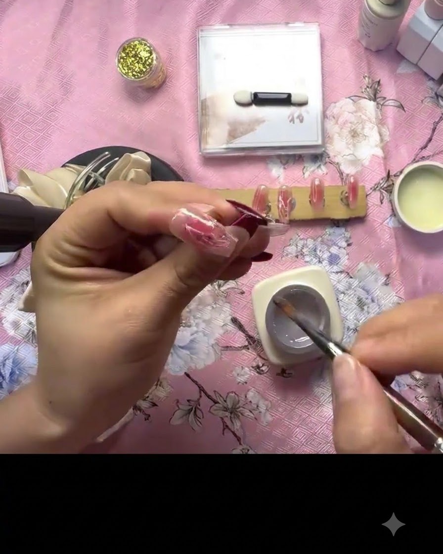 Una mano sosteniendo una lámpara UV de curado mini directamente sobre una uña decorada para fijar la textura de gel 3D.