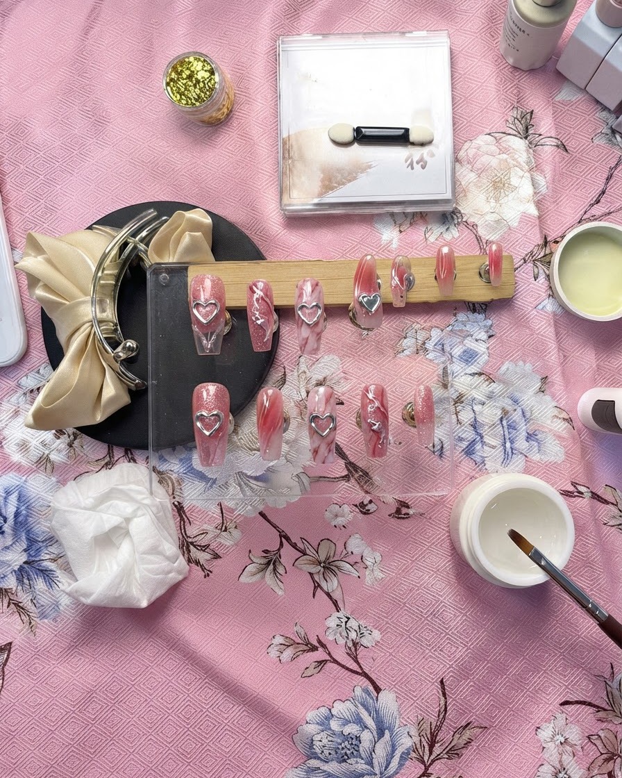 Un soporte de exhibición que muestra múltiples uñas postizas completadas con diseños de corazones y puntos de acento en 3D.