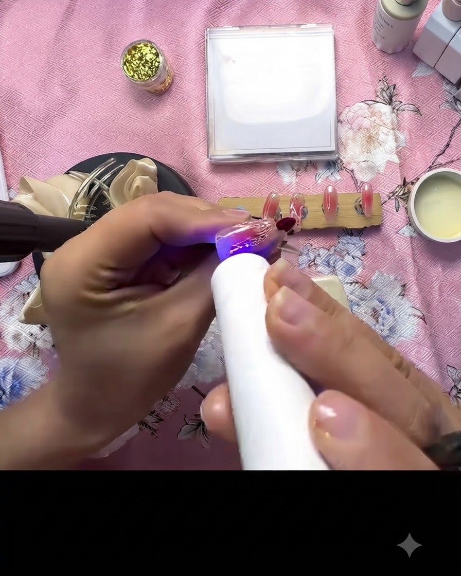 Una mini lámpara UV/LED curando los pequeños puntos de acento 3D en una uña decorada.