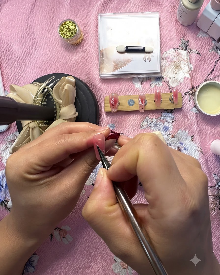Un primer plano de una manicurista aplicando pequeños elementos decorativos sobre una uña de acento con degradado rosa.