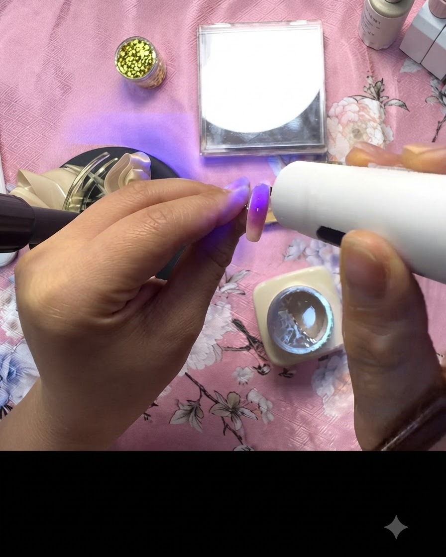Una lámpara UV curando el conjunto final de uñas de acento rosas decoradas con detalles de lámina de oro.