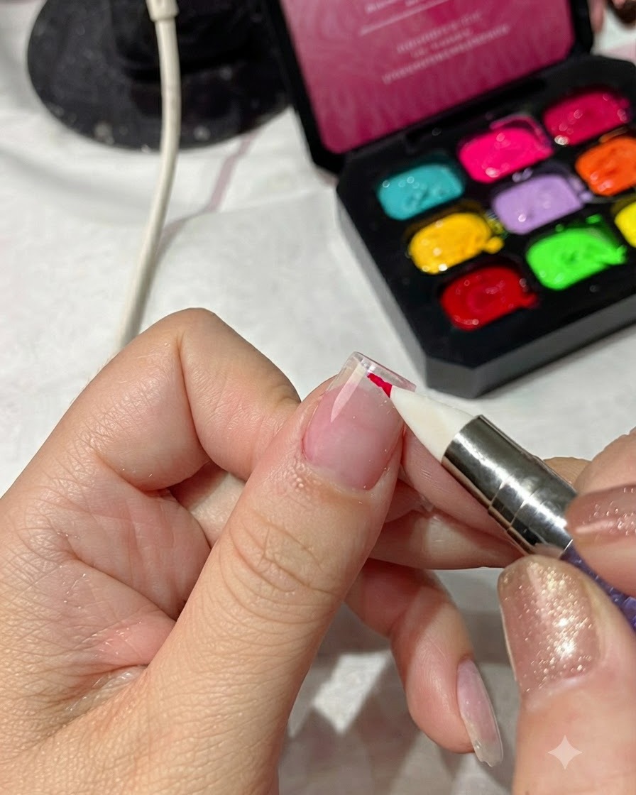 Un primer plano de una esponja aplicadora aplicando esmalte de gel rojo magenta brillante en el borde de una uña preparada.