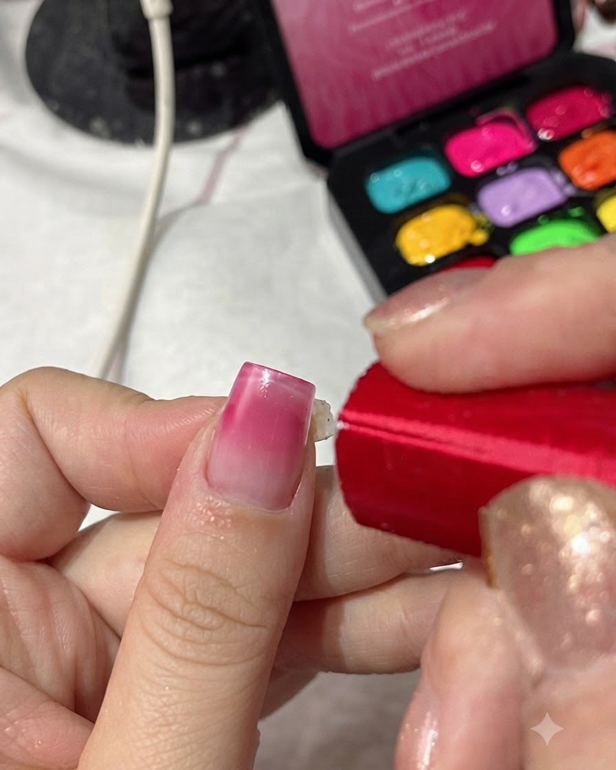 Una mano sosteniendo una lámpara UV/LED roja portátil directamente sobre una uña con degradado recién pintada.