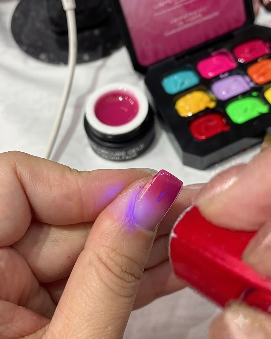 Una lámpara UV/LED roja portátil curando la capa superior en una manicura completa.
