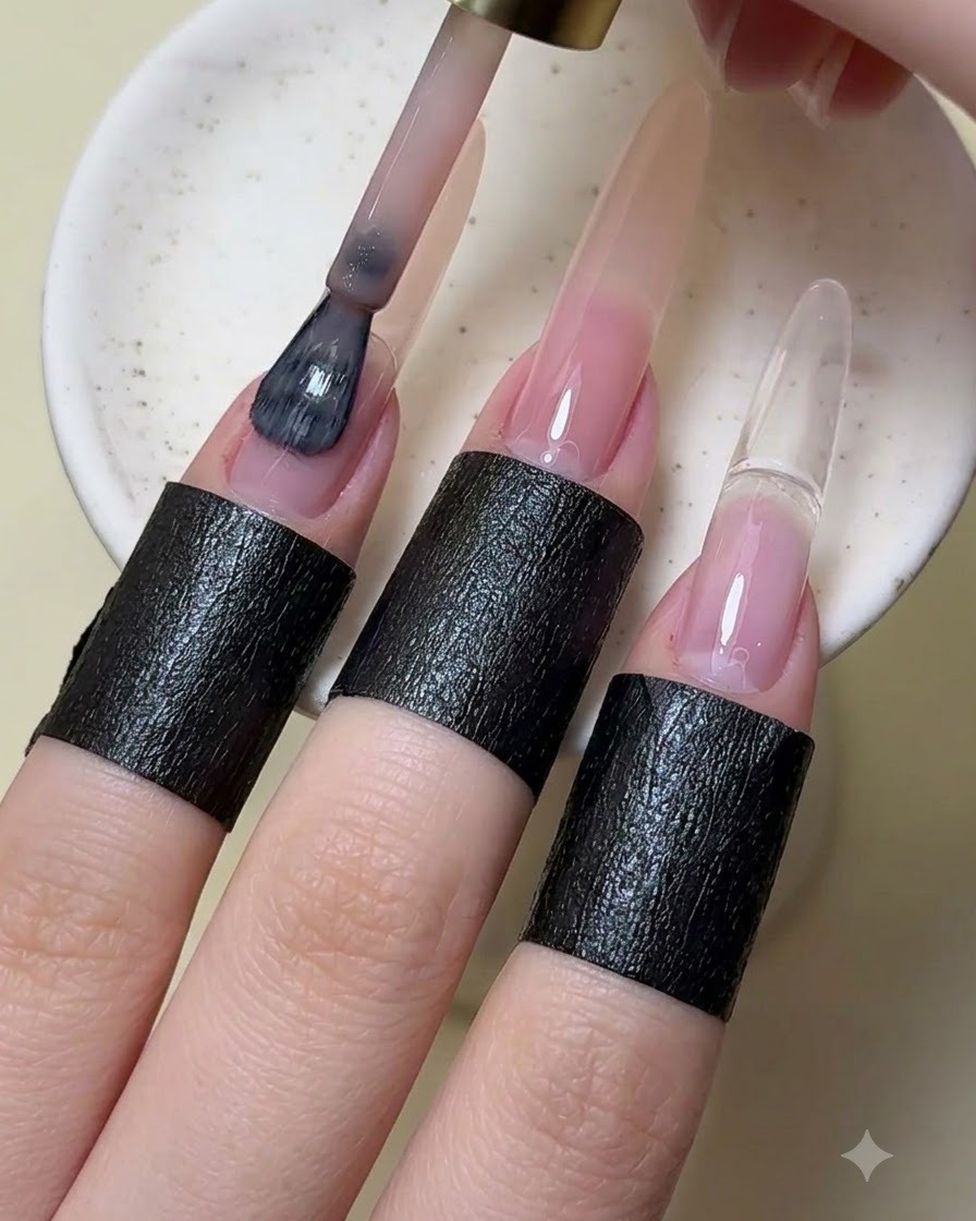 Pincel de manicura aplicando esmalte de gel color nude sobre una uña postiza.